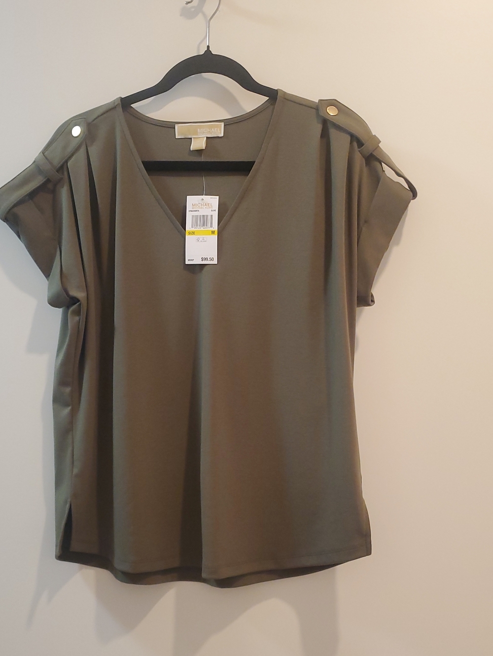 Michael Kors Olive Green V-Neck Short Sleeve Top with Shoulder Tabs